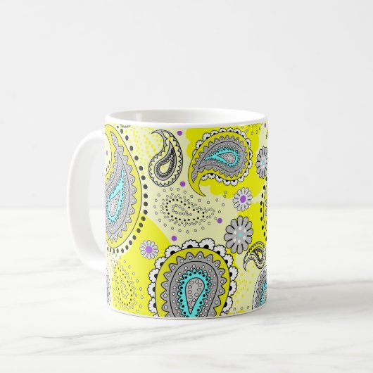 Tribal Paisley Pattern Lemon Yellow Turquoise Kaffeetasse (Vorderseite Links)