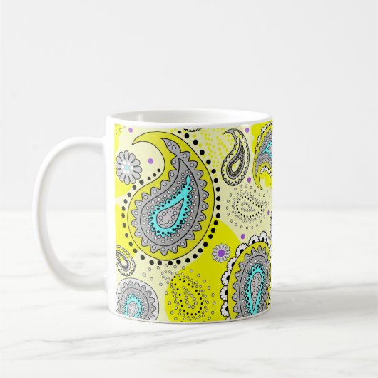 Tribal Paisley Pattern Lemon Yellow Turquoise Kaffeetasse (Links)