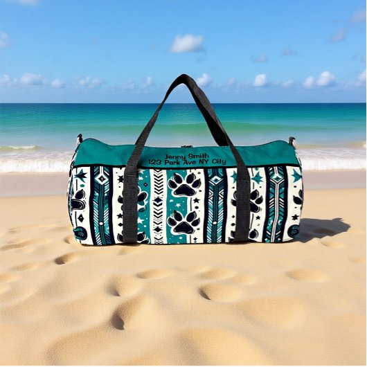 Tribal Paw Print Teal Monogram Personalize Duffle Bag