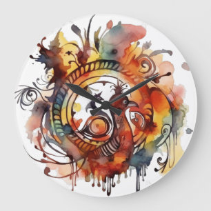 Tribal Phoenix Watercolor Mandala Große Wanduhr