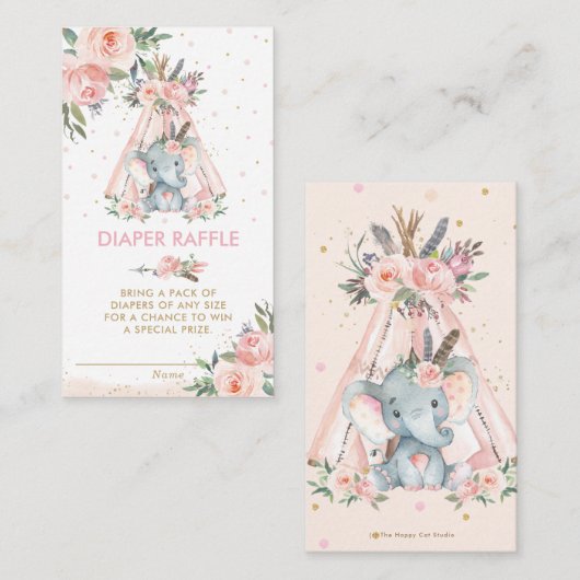 Tribal Pink Floral Elephant Baby Diaper Raffle En Begleitkarte (Vorne/Hinten)