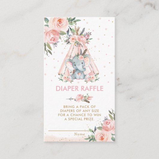 Tribal Pink Floral Elephant Baby Diaper Raffle En Begleitkarte (Vorderseite)