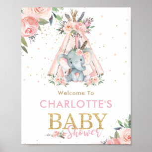Tribal Pink Floral Elephant Baby Dusche Willkommen Poster