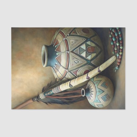 Tribal Pottery & Feather Staff Decoupage Seidenpapier (Vorderseite)