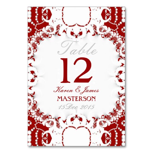 Tribal Red White Lace Wedding Tischnummer Card (Vorderseite)