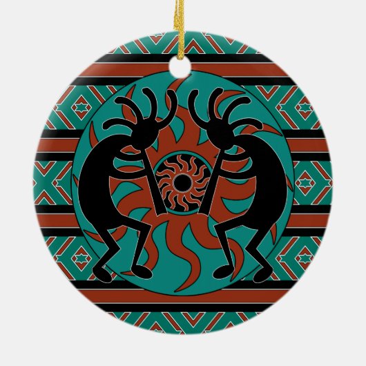 Tribal Sun Turquoise Kokopelli Südwest Weihnachten Keramikornament (Hinten)