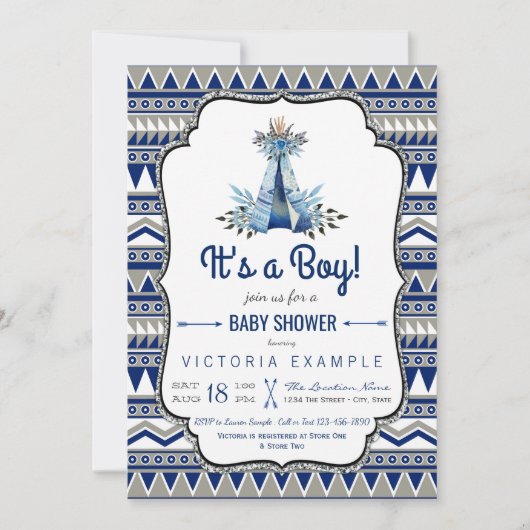 Tribal Teepee Blue Gray Boys Boho Baby Shower Einladung (Vorderseite)