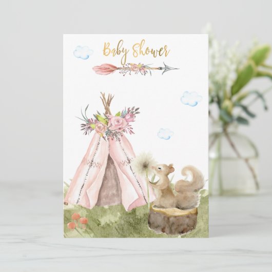 *~* Tribal Teepee Boho Squirrel Wald Wald Einladung (Stehend Vorderseite)