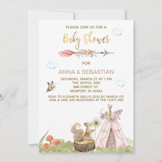 *~* Tribal Teepee Boho Squirrel Wald Wald Einladung (Rückseite)