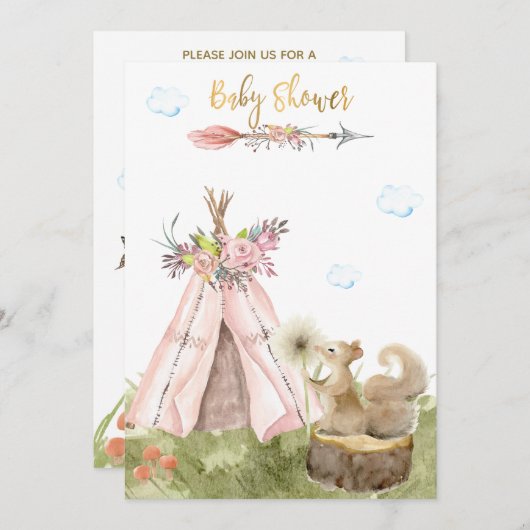 *~* Tribal Teepee Boho Squirrel Wald Wald Einladung (Vorne/Hinten)