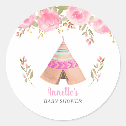 Tribal Teepee Pink Floral Baby Dusche Runder Aufkleber (Vorderseite)