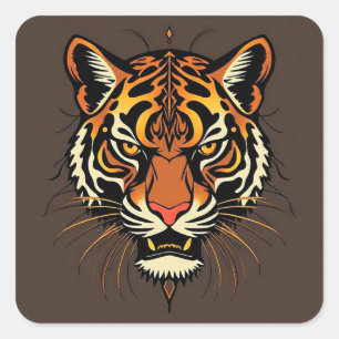 🐅 Tribal Tiger Gesicht Fettdruck Muster-Tierkunst Quadratischer Aufkleber