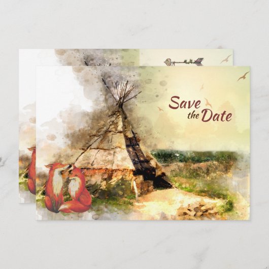 Tribal Tipi und Füchse in Liebe Boho Teepee Weddin Save The Date (Vorne/Hinten)