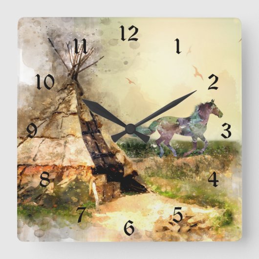 Tribal Tipi und Indischer Pony Boho Horse Teepee Quadratische Wanduhr (Vorderseite)