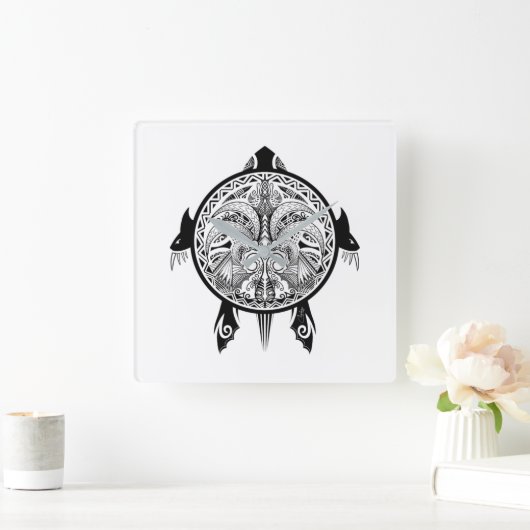 Tribal Turtle Shield Tattoo Quadratische Wanduhr (Zuhause)