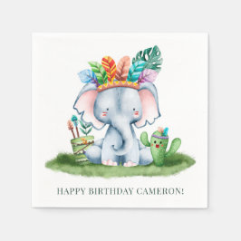 Tribal Watercolor Elephant Safari Happy Birthday Serviette