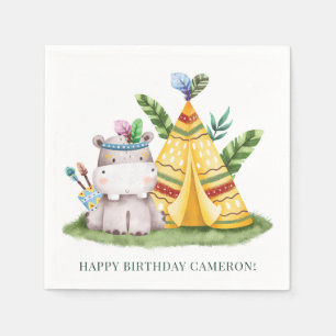 Tribal Watercolor Hippo Safari Happy Birthday Serviette