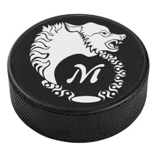 Tribal White Wolf Head Silhouette Laurel Monogram Eishockey Puck