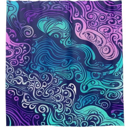Tribal wirbeln türkisfarbene lila Ozeanwellen Duschvorhang (Vorderseite)