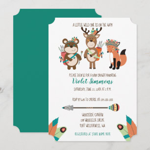Tribal Woodland Animals Aqua Baby Shower Einladung
