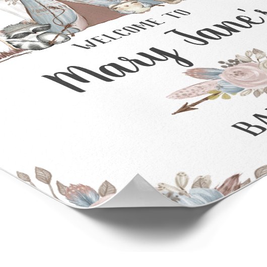 Tribal Woodland Animals Baby Girl Dusche Willkomme Poster (Ecke)