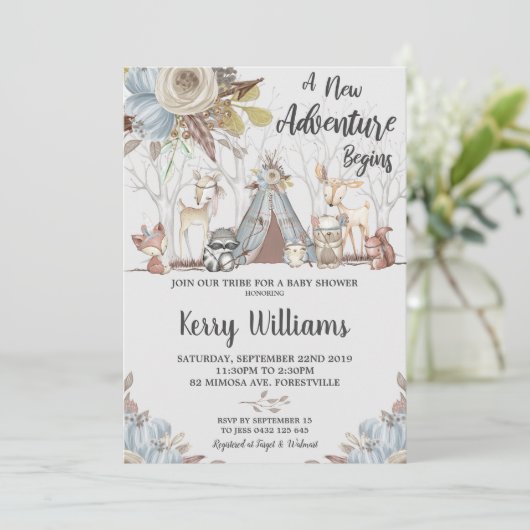 Tribal Woodland Animals Baby Shower Baby Boy Einladung (Stehend Vorderseite)