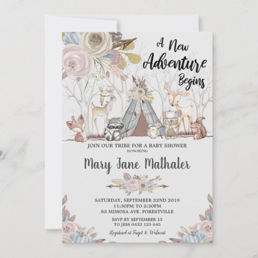 Tribal Woodland Animals Baby Shower Baby Girl Einladung (Vorderseite)