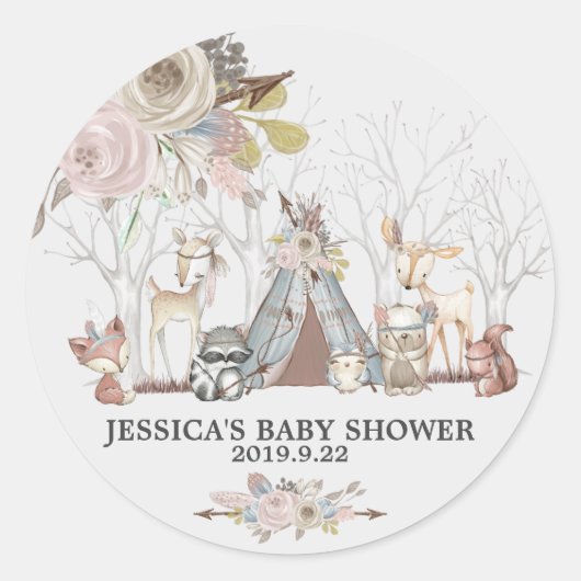 Tribal Woodland Animals Baby Shower Girl Runder Aufkleber (Vorderseite)