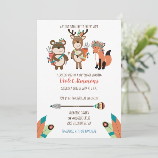 Tribal Woodland Animals Boho Baby Shower Einladung (Stehend Vorderseite)