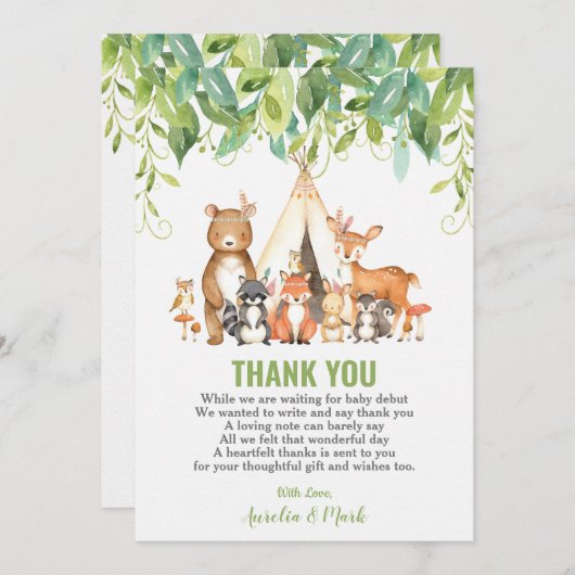 Tribal Woodland Animals Greenery Baby Shower Dankeskarte (Vorne/Hinten)