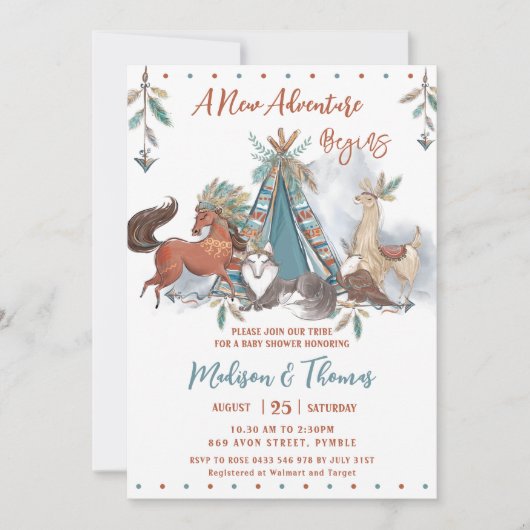 Tribal Woodland Animals Teepee Boy Baby Dusche Einladung (Vorderseite)