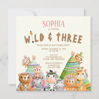 Tribal Woodland Animals Wild 3. Geburtstag Einladung