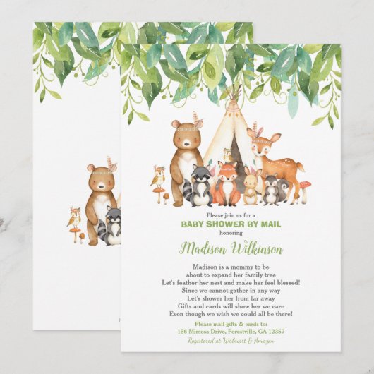 Tribal Woodland Virtual Baby Shower Mail Greenery Einladung (Vorne/Hinten)