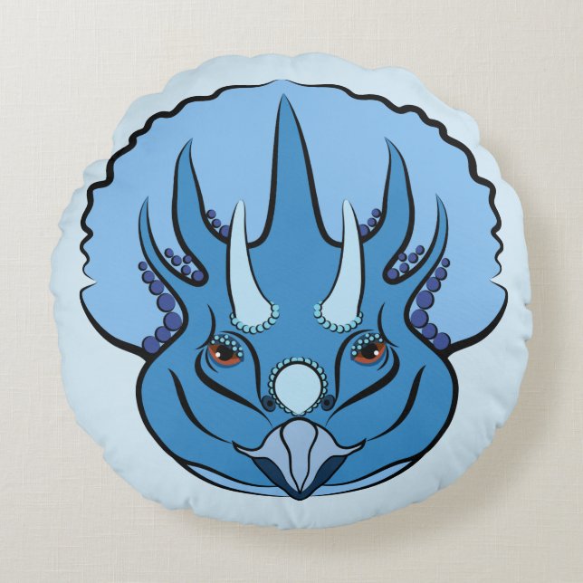 Triceratops Blue Niedlich Dinosaurier Rundes Kissen (Vorderseite)