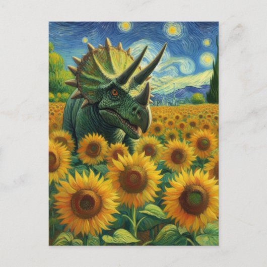 Triceratops Dino im Sonnenblumenfeld Van Gogh Postkarte (Vorderseite)