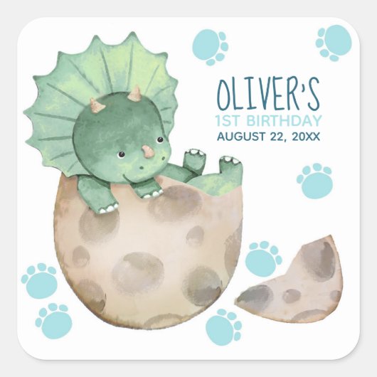 Triceratops Dinosaur Boy Birthday Quadratischer Aufkleber (Vorderseite)
