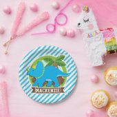 Triceratops Dinosaur; Sky Blue & White Streifen Pappteller (Party)