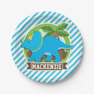 Triceratops Dinosaur; Sky Blue & White Streifen Pappteller