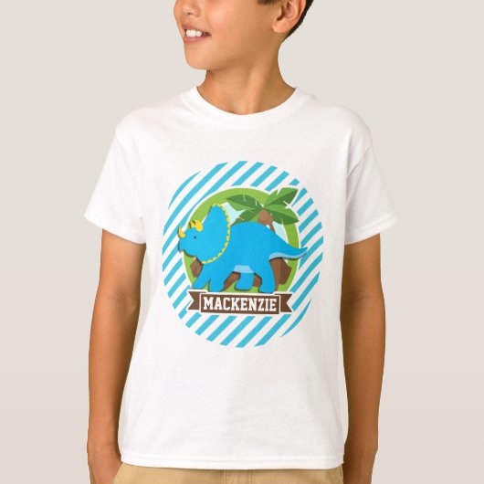 Triceratops Dinosaur; Sky Blue & White Streifen T-Shirt (Vorderseite)