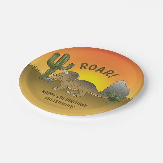 Triceratops Dinosaur Sunset Wüste Kind's Geburtsta Pappteller (Schrägansicht)