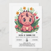 Triceratops Editable Dinosaur Girl Birthday Einladung (Vorne/Hinten)