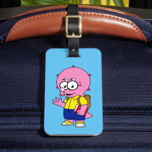 Triceratops Nerd mit Rucksack und Textbuch. Gepäckanhänger (Vorderseite Insitu 2)