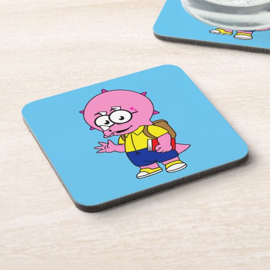 Triceratops Nerd mit Rucksack und Textbuch. Getränkeuntersetzer (Linke Seite)