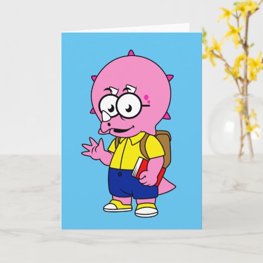 Triceratops Nerd mit Rucksack und Textbuch. Karte (Gelbe Blume)