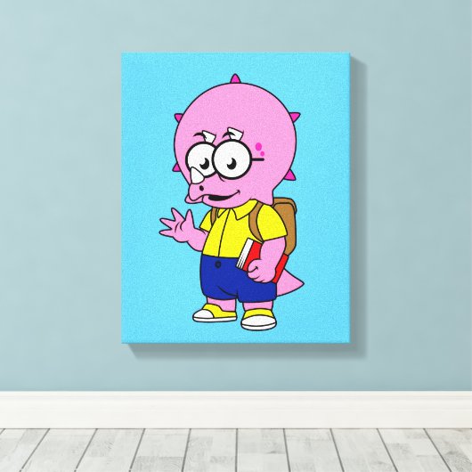 Triceratops Nerd mit Rucksack und Textbuch. Leinwanddruck (Insitu (Holzboden))