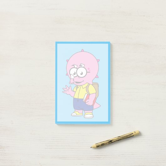 Triceratops Nerd mit Rucksack und Textbuch. Post-it Klebezettel (Auf Schreibtisch)