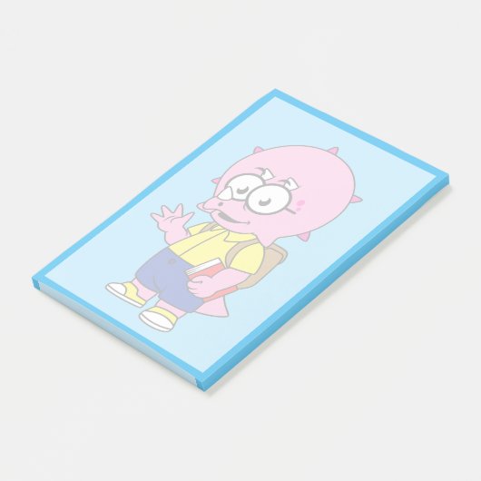 Triceratops Nerd mit Rucksack und Textbuch. Post-it Klebezettel (angewinkelt)