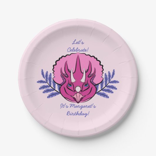 Triceratops Pretty Pink Dinosaur Pappteller (Vorderseite)