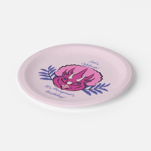 Triceratops Pretty Pink Dinosaur Pappteller (Schrägansicht)