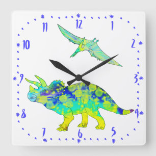 Triceratops Pterodactyl Green Psychedelic Dinosaur Quadratische Wanduhr